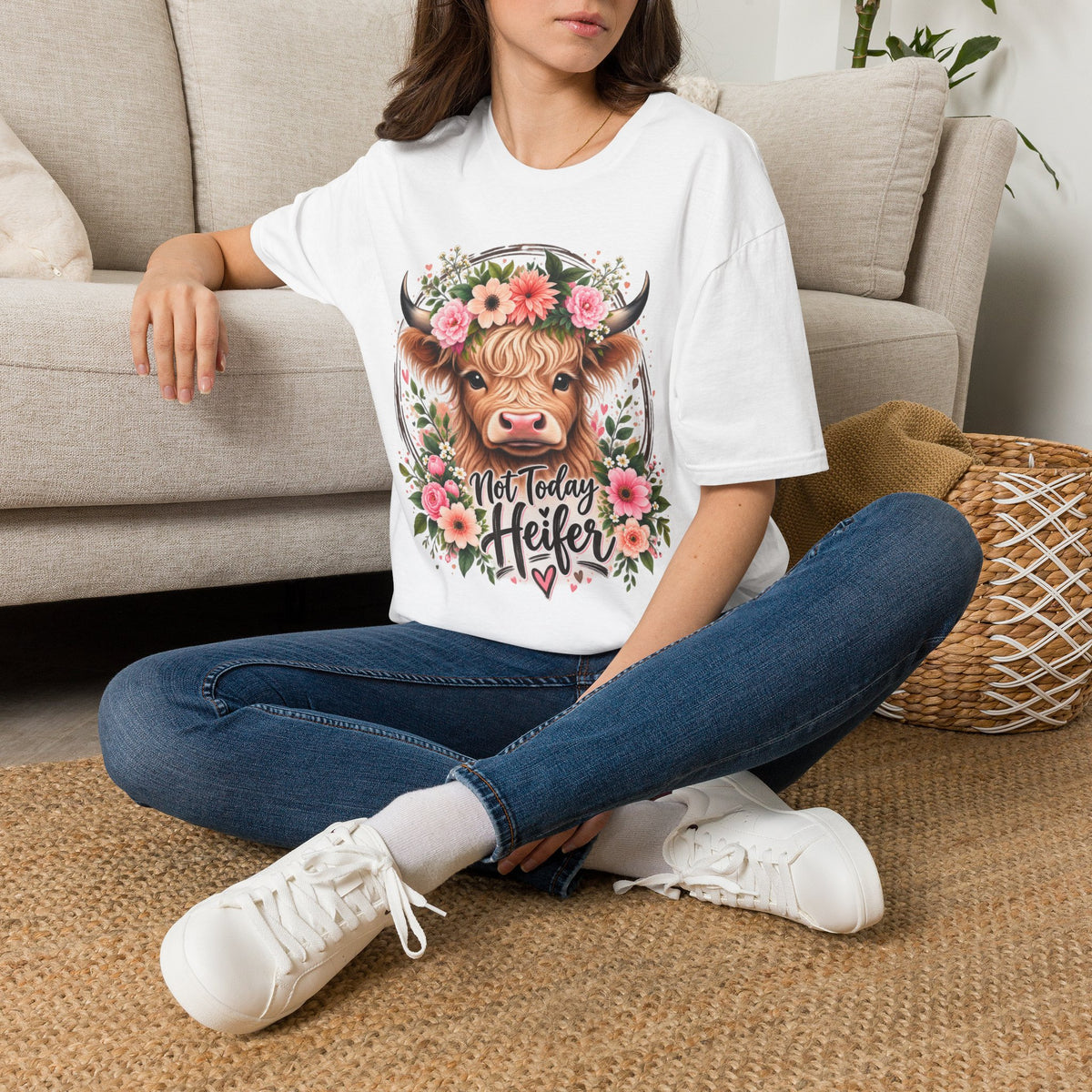 Floral Highland Cow T-Shirt — “Not Today Heifer” Cute Farm Animal Tee