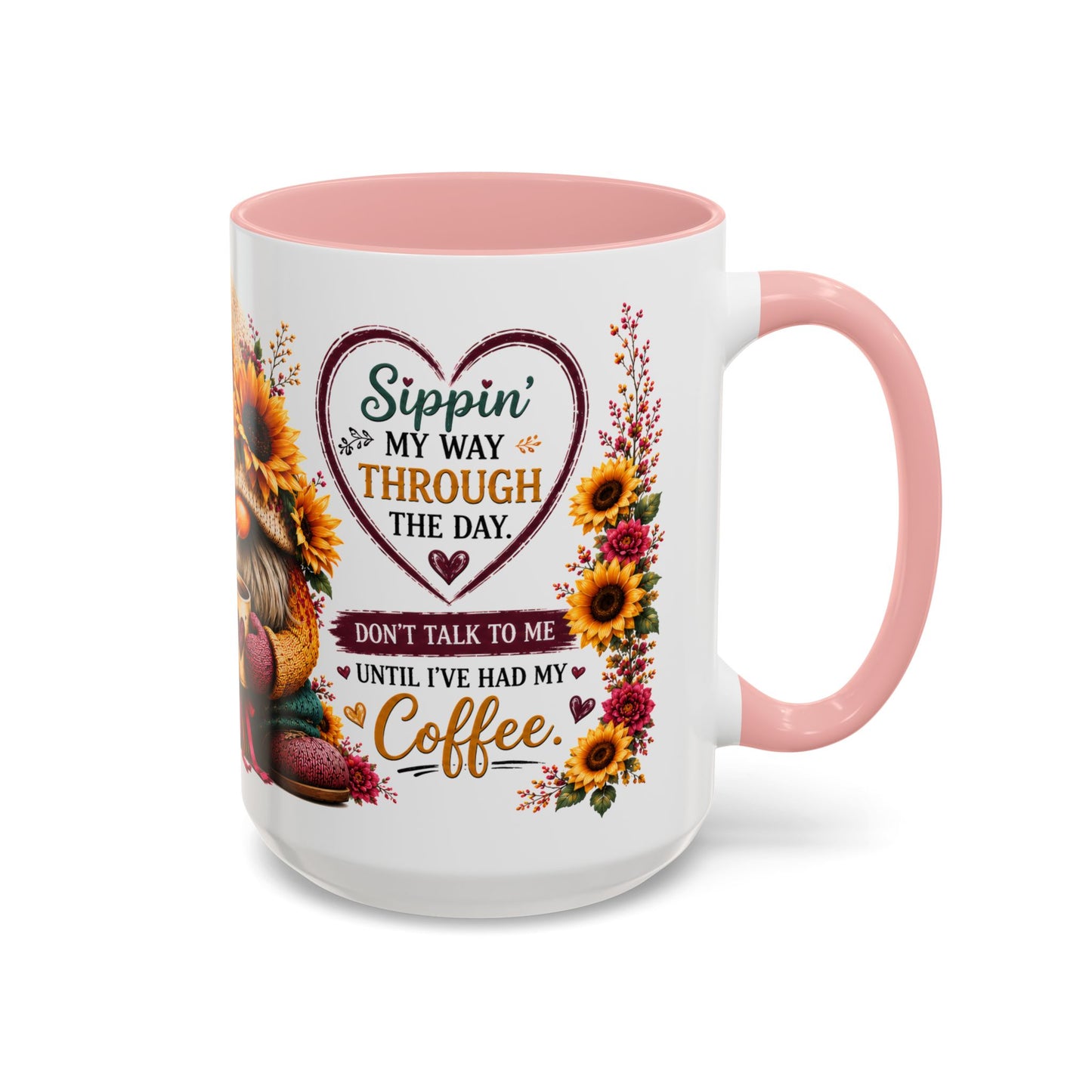 Coffee Mug — 'Sippin' My Way Through the Day' Sunflower Gnome Coffee Mug (11/15oz)