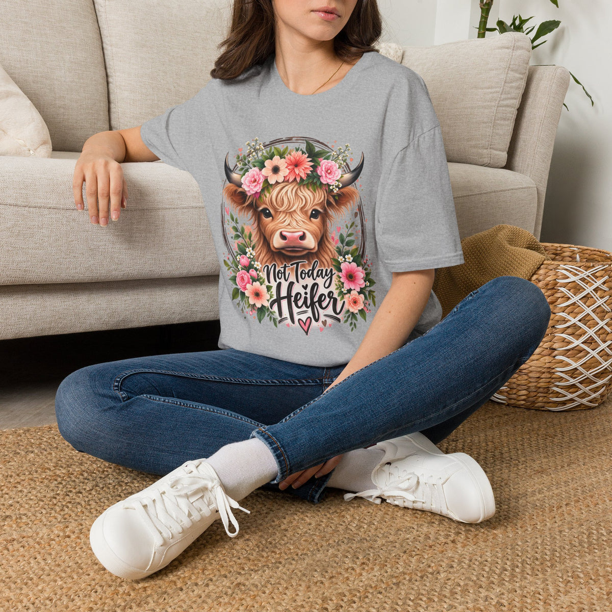 Floral Highland Cow T-Shirt — “Not Today Heifer” Cute Farm Animal Tee