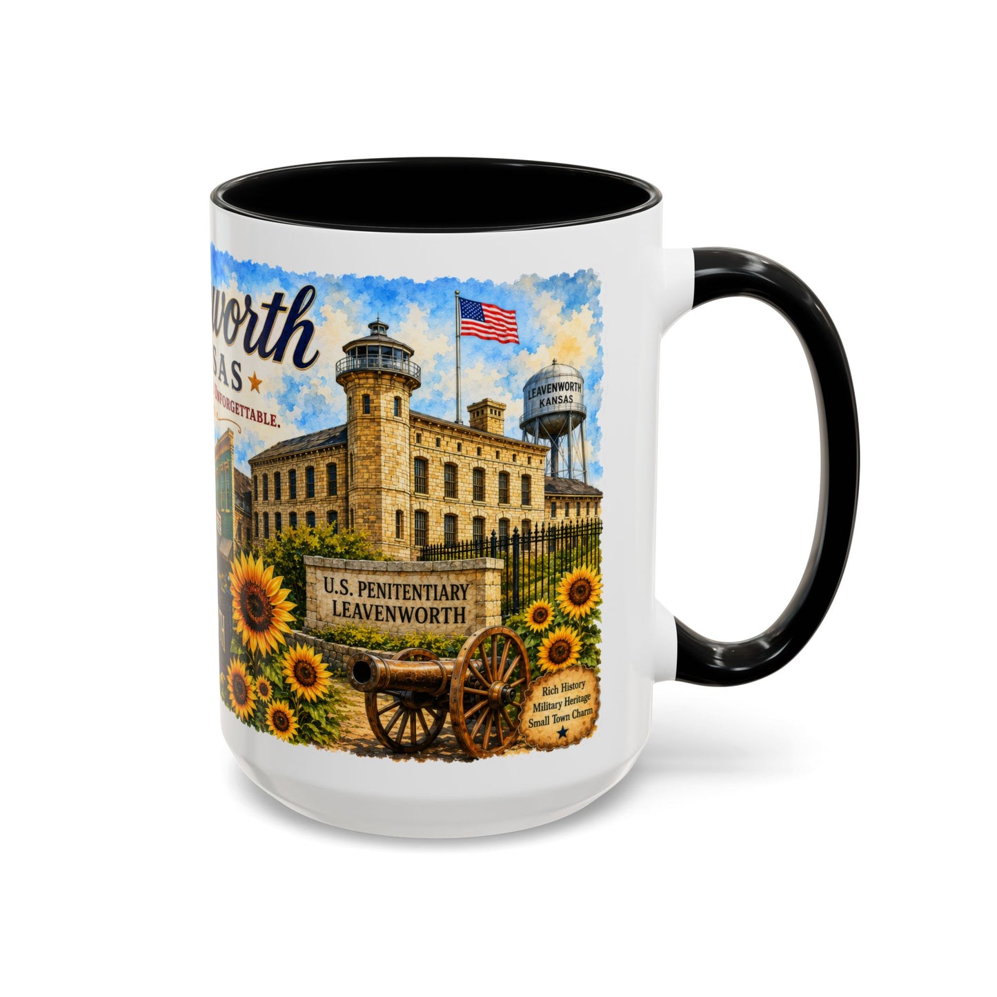 Leavenworth Kansas Scenic Coffee Mug — Sunflowers & Historic Downtown 11oz/15oz