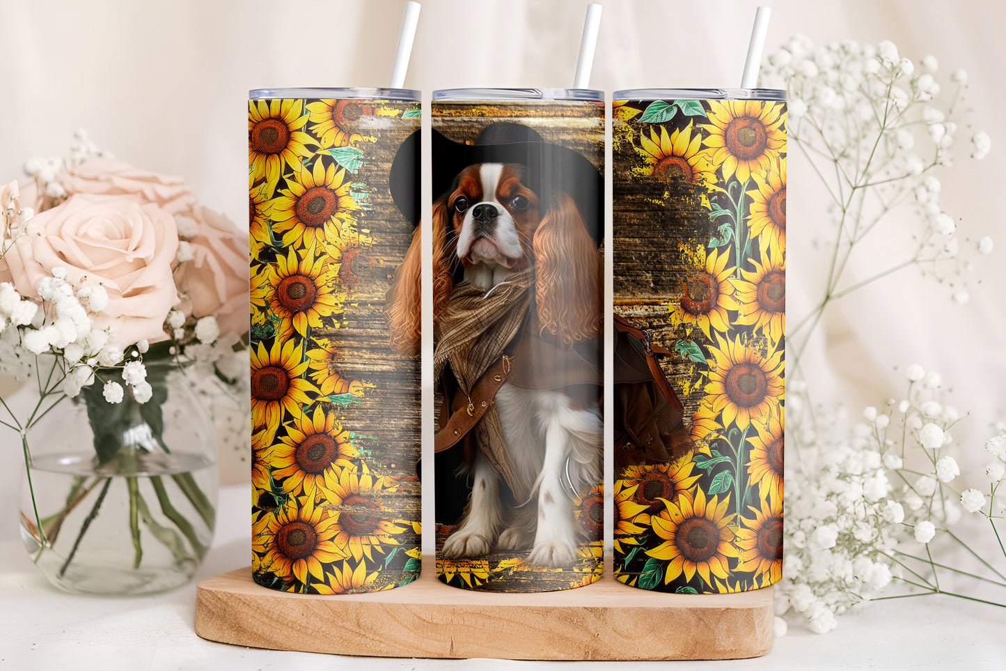 Cowboy Cavalier King Charles Spaniel Sunflower 20oz Skinny Tumbler Wrap PNG JPG - PV-TW-00021