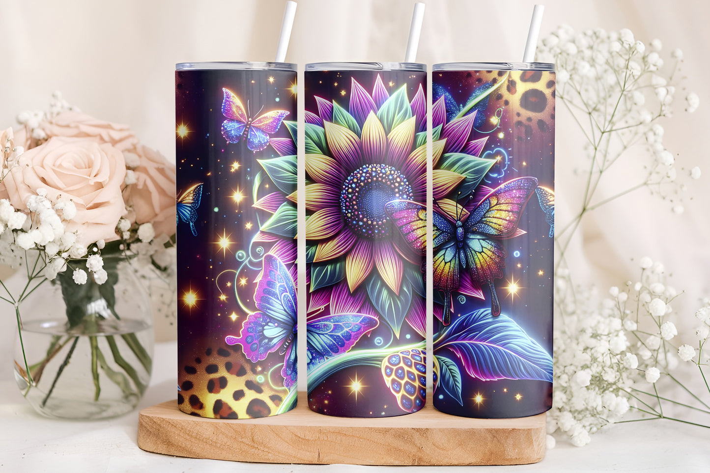Neon Sunflower Butterflies 20oz Skinny Tumbler Wrap PNG JPG - PV-TW-00025