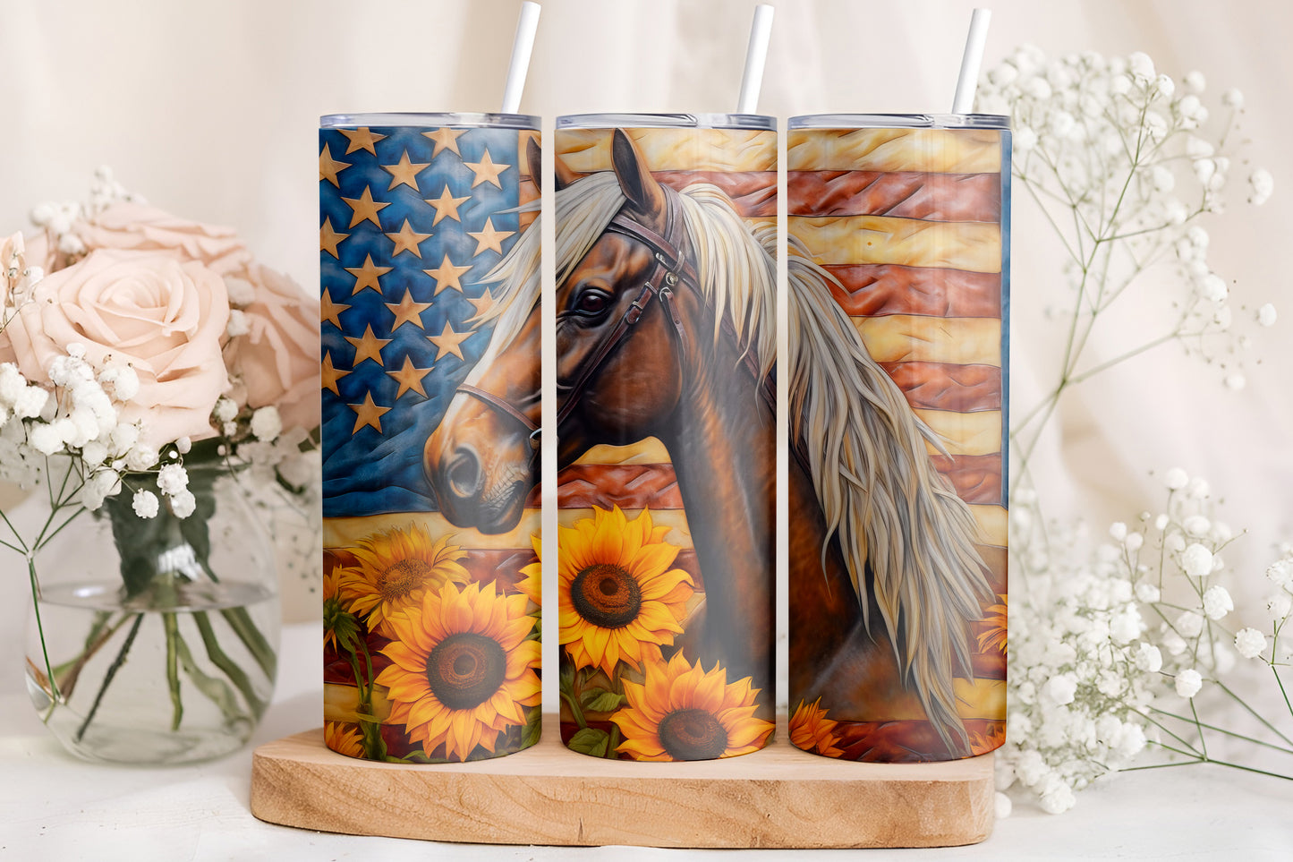 Patriotic Horse Sunflower American Flag 20oz Skinny Tumbler Wrap PNG JPG - PV-TW-00027