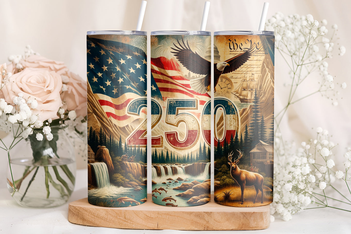 America 250 Patriotic Eagle Flag 20oz Skinny Tumbler Wrap PNG JPG - PV-TW-00020