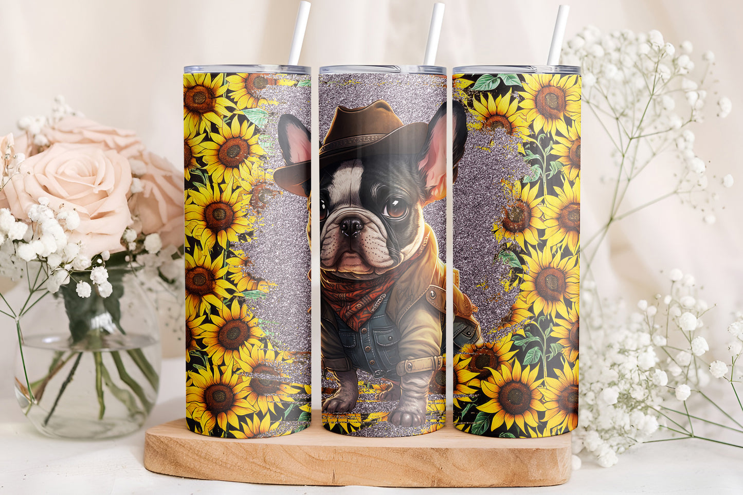 Cowboy French Bulldog Sunflower 20oz Skinny Tumbler Wrap PNG JPG - PV-TW-00019