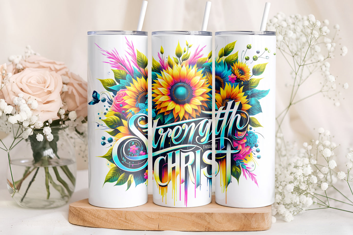 Strength Through Christ Tumbler Wrap, Christian Sunflower Faith Design, 20oz Skinny PNG, Digital Download, PV-TW-00017