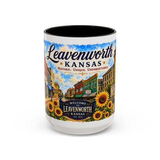 Leavenworth Kansas Scenic Coffee Mug — Sunflowers & Historic Downtown 11oz/15oz