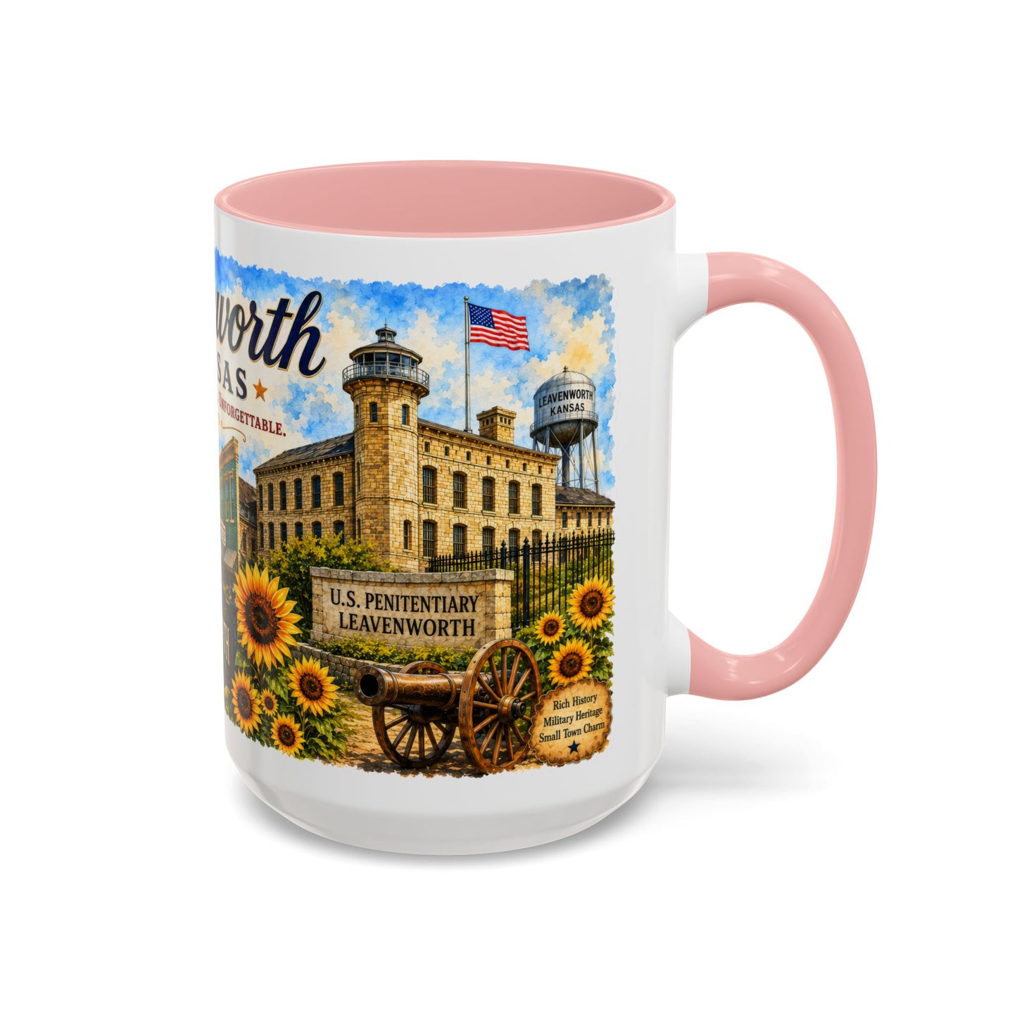 Leavenworth Kansas Scenic Coffee Mug — Sunflowers & Historic Downtown 11oz/15oz