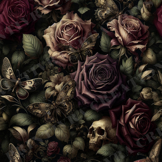 Gothic Rose Skull Tumbler Wrap, Dark Floral Butterfly Design, 20oz Skinny PNG, Digital Download, PV-TW-00016