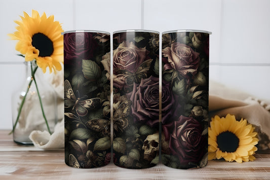 Gothic Rose Skull Tumbler Wrap, Dark Floral Butterfly Design, 20oz Skinny PNG, Digital Download, PV-TW-00016