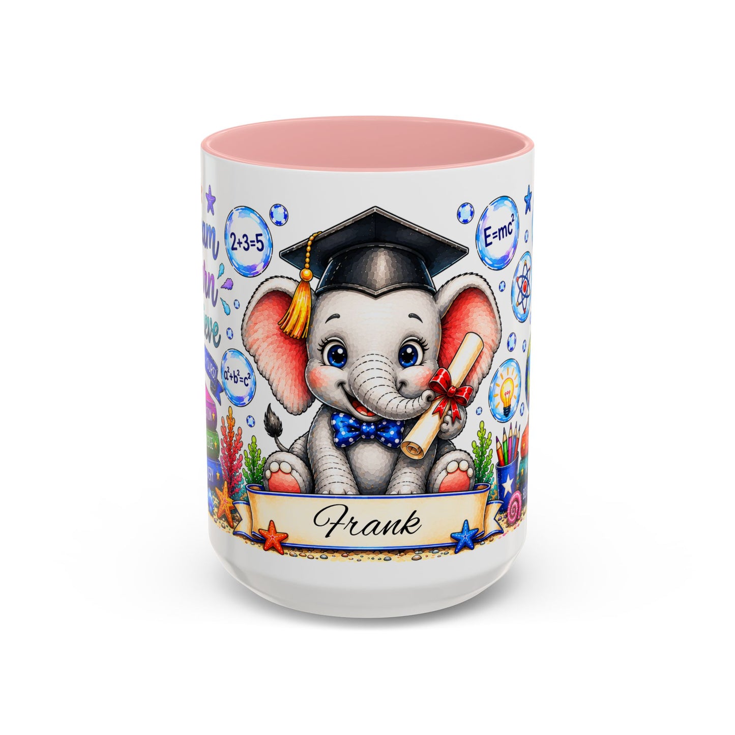 Graduation Elephant Coffee Mug — Cute Grad Cap Design with 'Stay Curious, Never Give Up' Books (11/15oz)