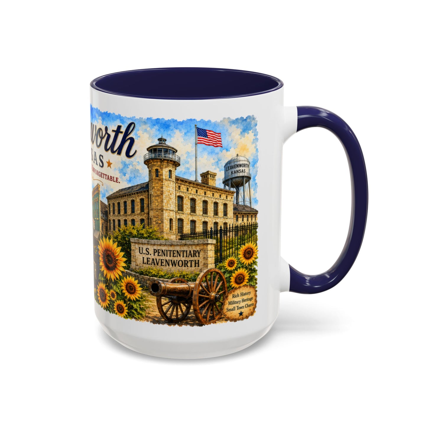 Leavenworth Kansas Scenic Coffee Mug — Sunflowers & Historic Downtown 11oz/15oz