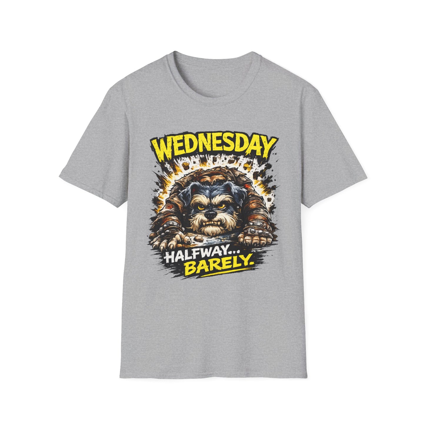 Wednesday T‑Shirt — “Wednesday Halfway… Barely.” Funny Midweek Grumpy Day Shirt