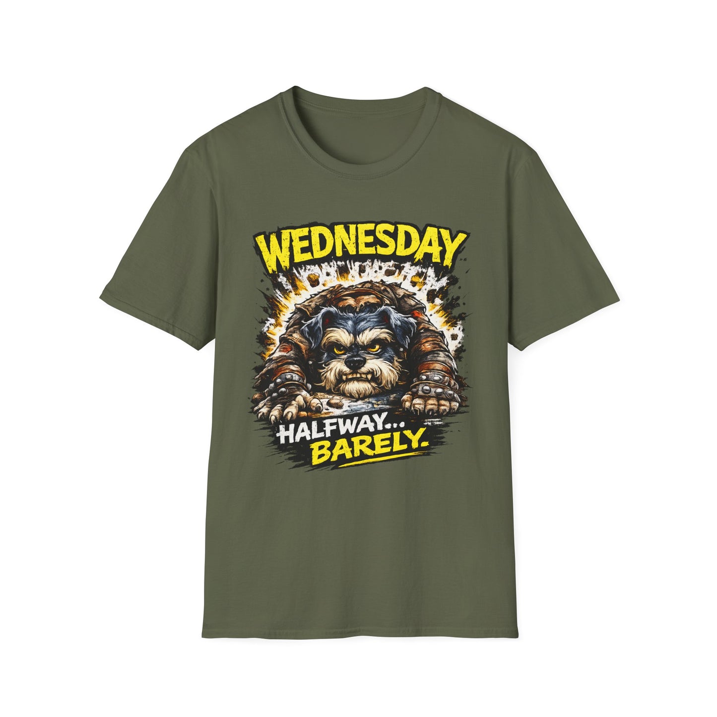 Wednesday T‑Shirt — “Wednesday Halfway… Barely.” Funny Midweek Grumpy Day Shirt