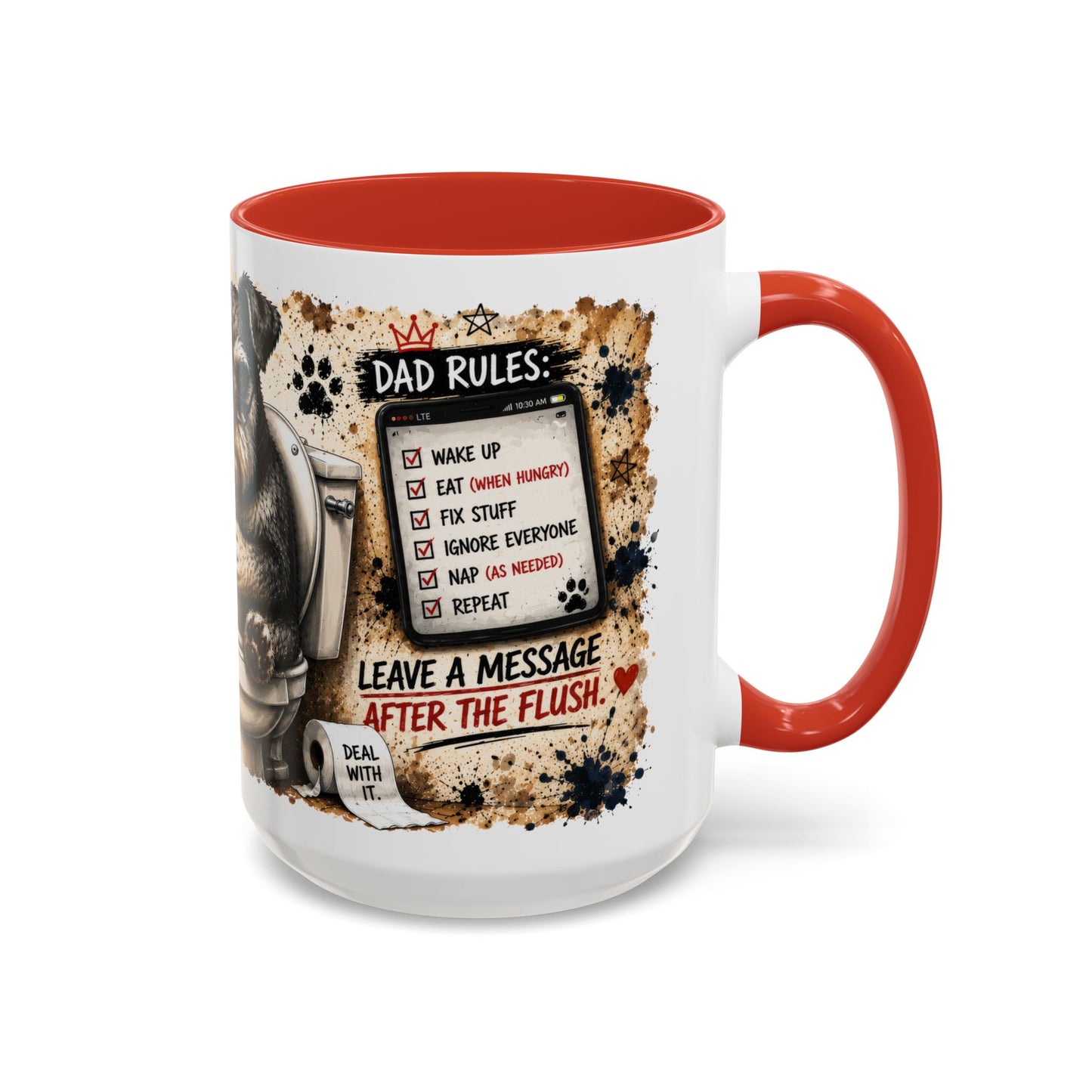 Dad Rules Coffee Mug — Funny Toilet Bulldog Design, "Leave a Message After the Flush" Accent Mug (11/15oz)