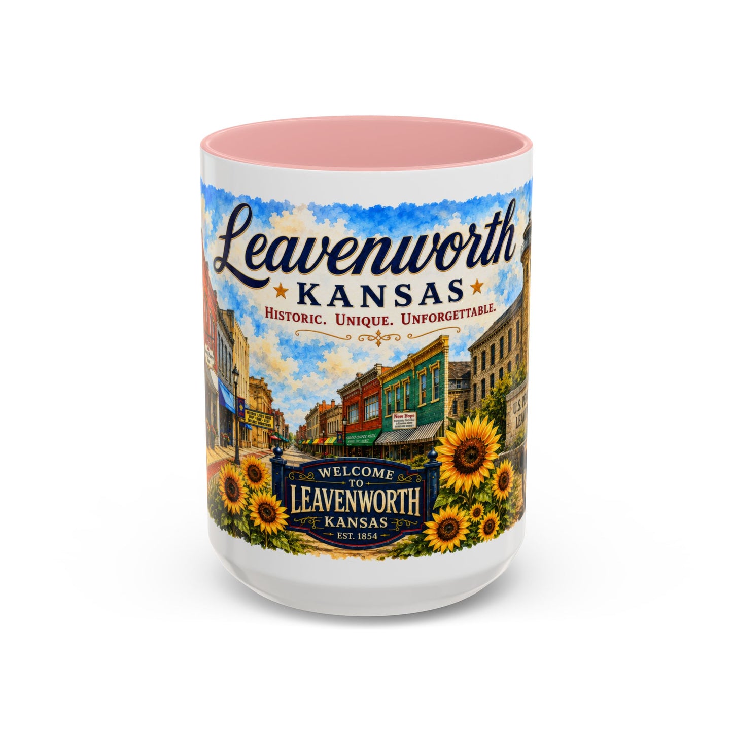 Leavenworth Kansas Scenic Coffee Mug — Sunflowers & Historic Downtown 11oz/15oz