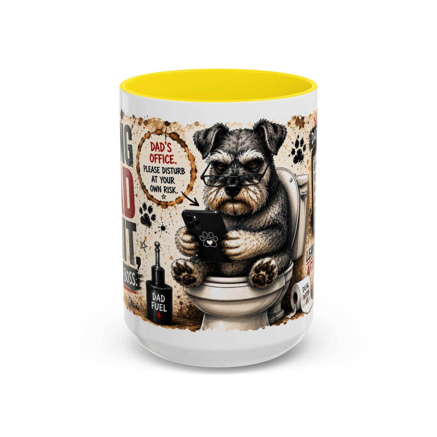 Dad Rules Coffee Mug — Funny Toilet Bulldog Design, "Leave a Message After the Flush" Accent Mug (11/15oz)