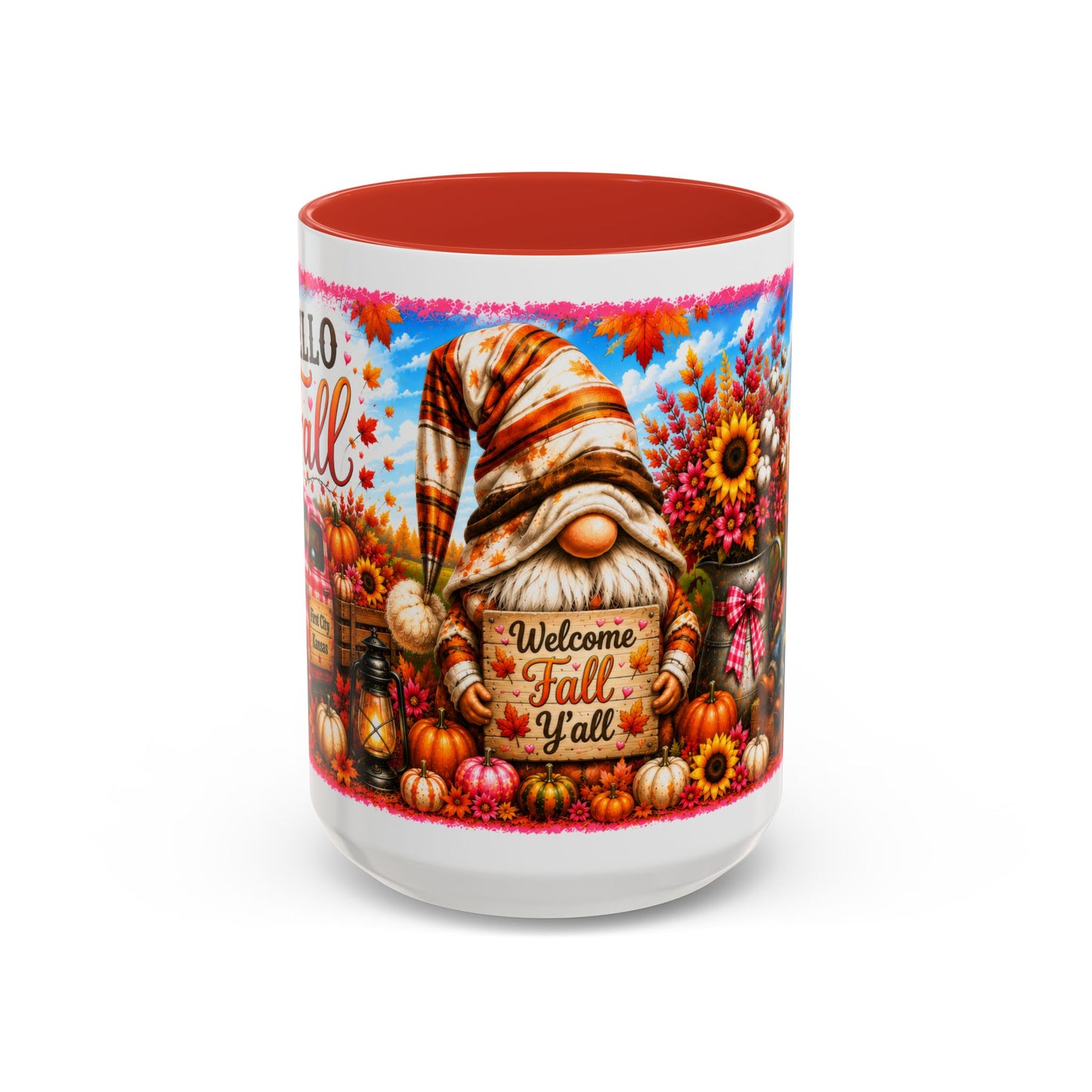 Welcome Fall Y'all Coffee Mug — Autumn Gnome Sunflowers Pumpkin Decor (First City, Kansas)