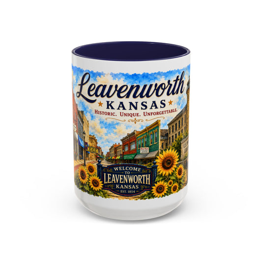 Leavenworth Kansas Scenic Coffee Mug — Sunflowers & Historic Downtown 11oz/15oz