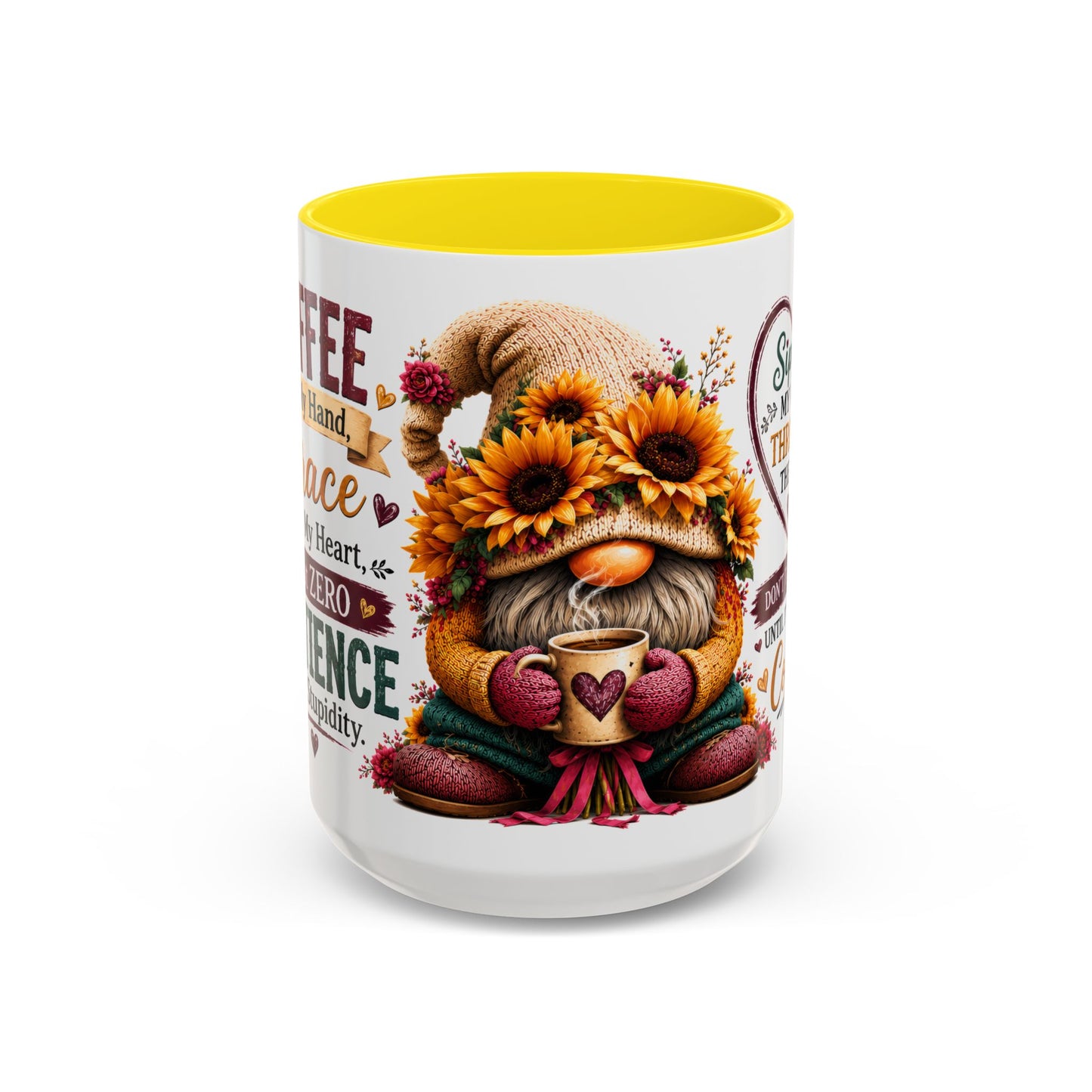 Coffee Mug — 'Sippin' My Way Through the Day' Sunflower Gnome Coffee Mug (11/15oz)