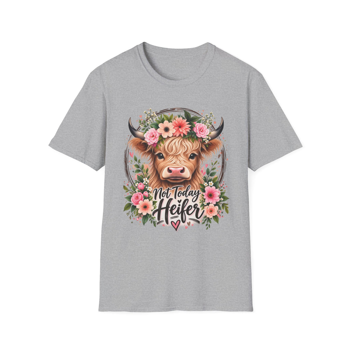 Floral Highland Cow T-Shirt — “Not Today Heifer” Cute Farm Animal Tee