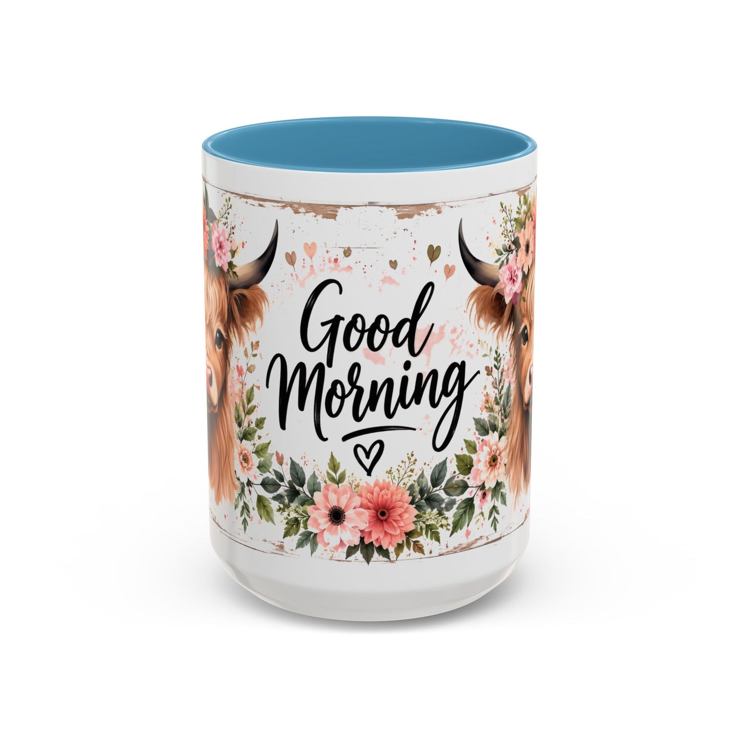 Good Morning Cow Accent Coffee Mug — Floral Highland Cow Ceramic Mug (11/15oz)