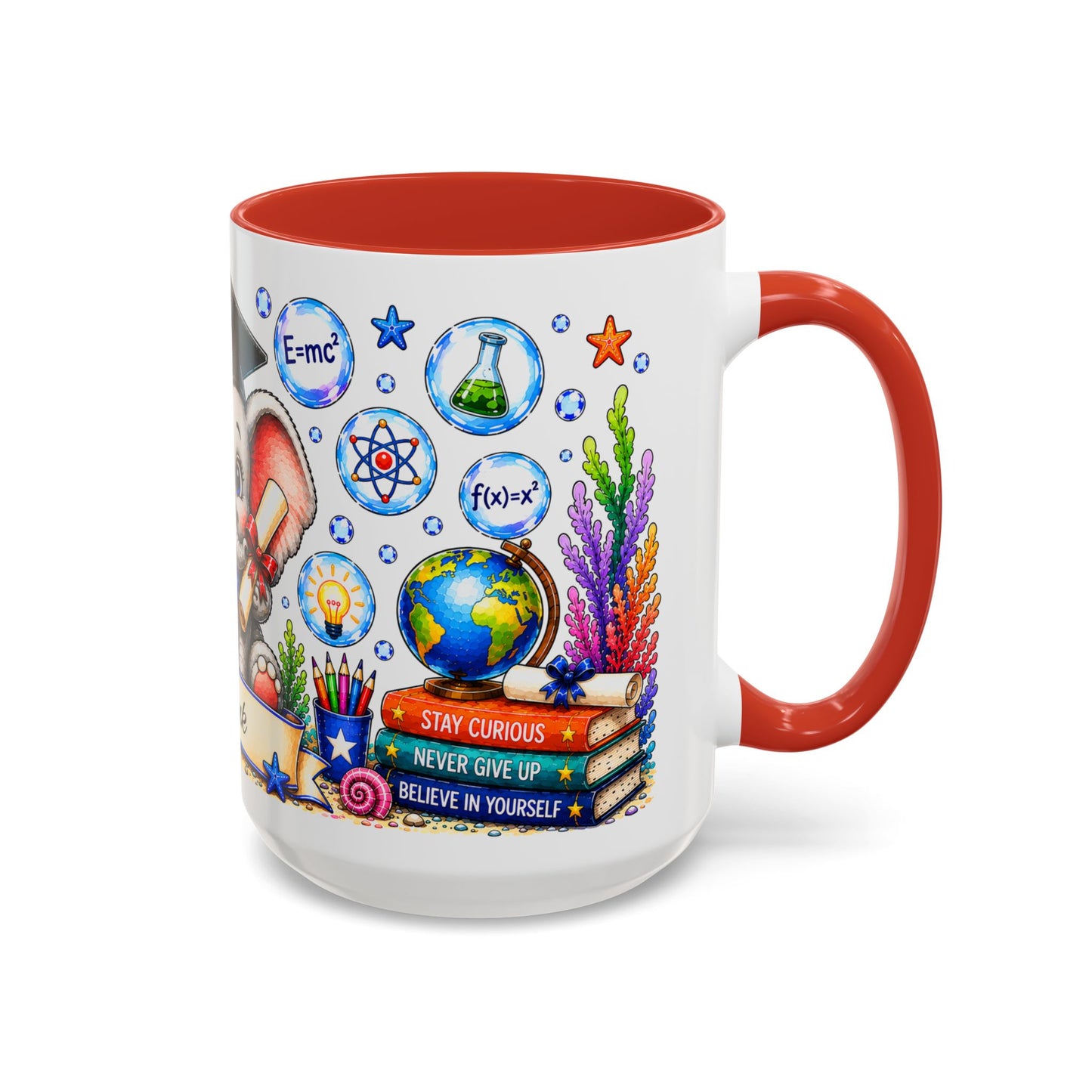Graduation Elephant Coffee Mug — Cute Grad Cap Design with 'Stay Curious, Never Give Up' Books (11/15oz)